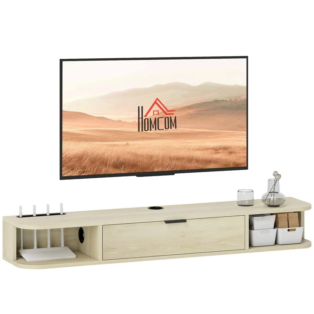 HOMCOM 120 cm Floating TV Unit with Flip Drawer & Shelves, Natural 2