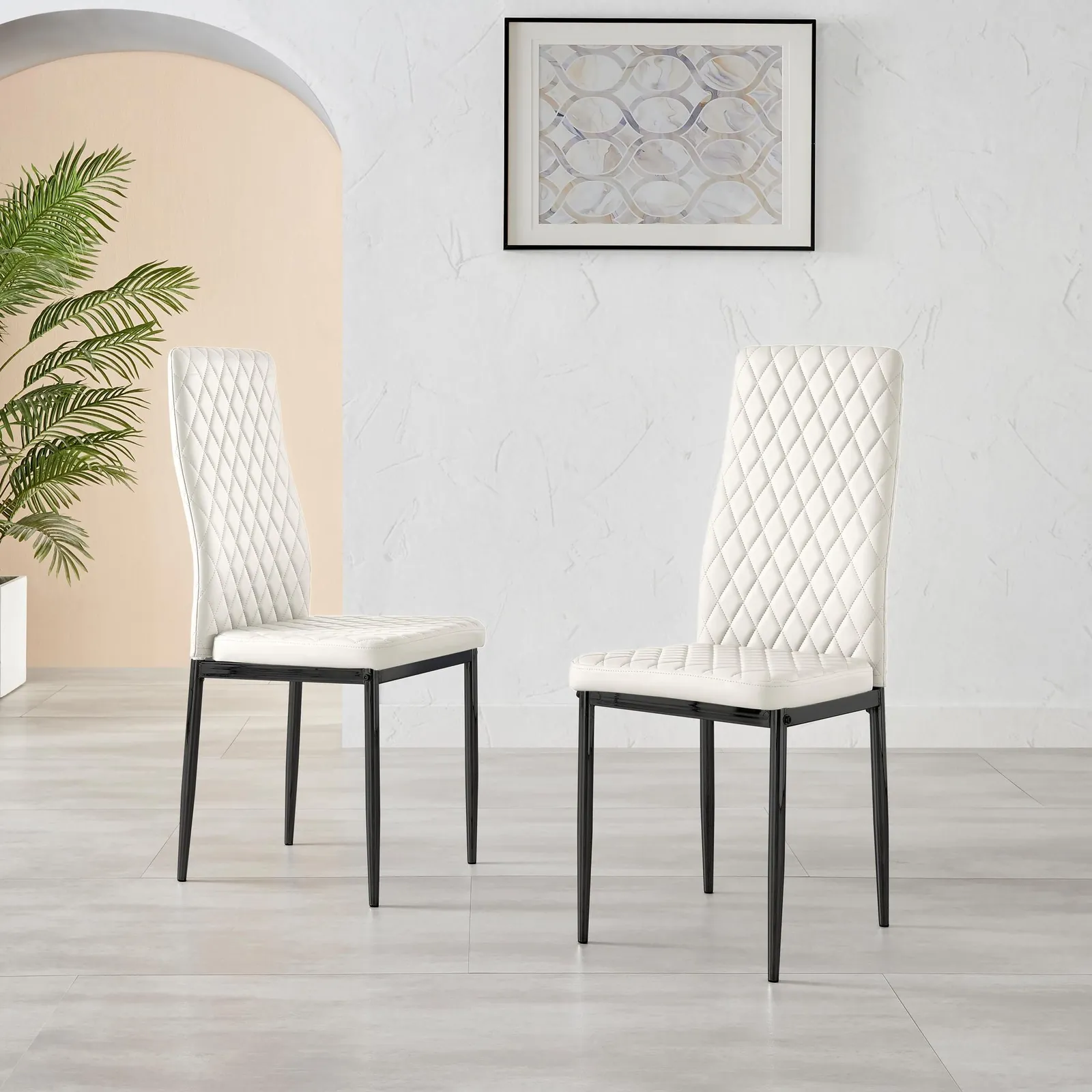 FurnitureboxUK Set of 4 Milan High Back Soft Touch Diamond Pattern Faux Leather Dining Chairs With Black Powder Coated Metal Legs in White 2