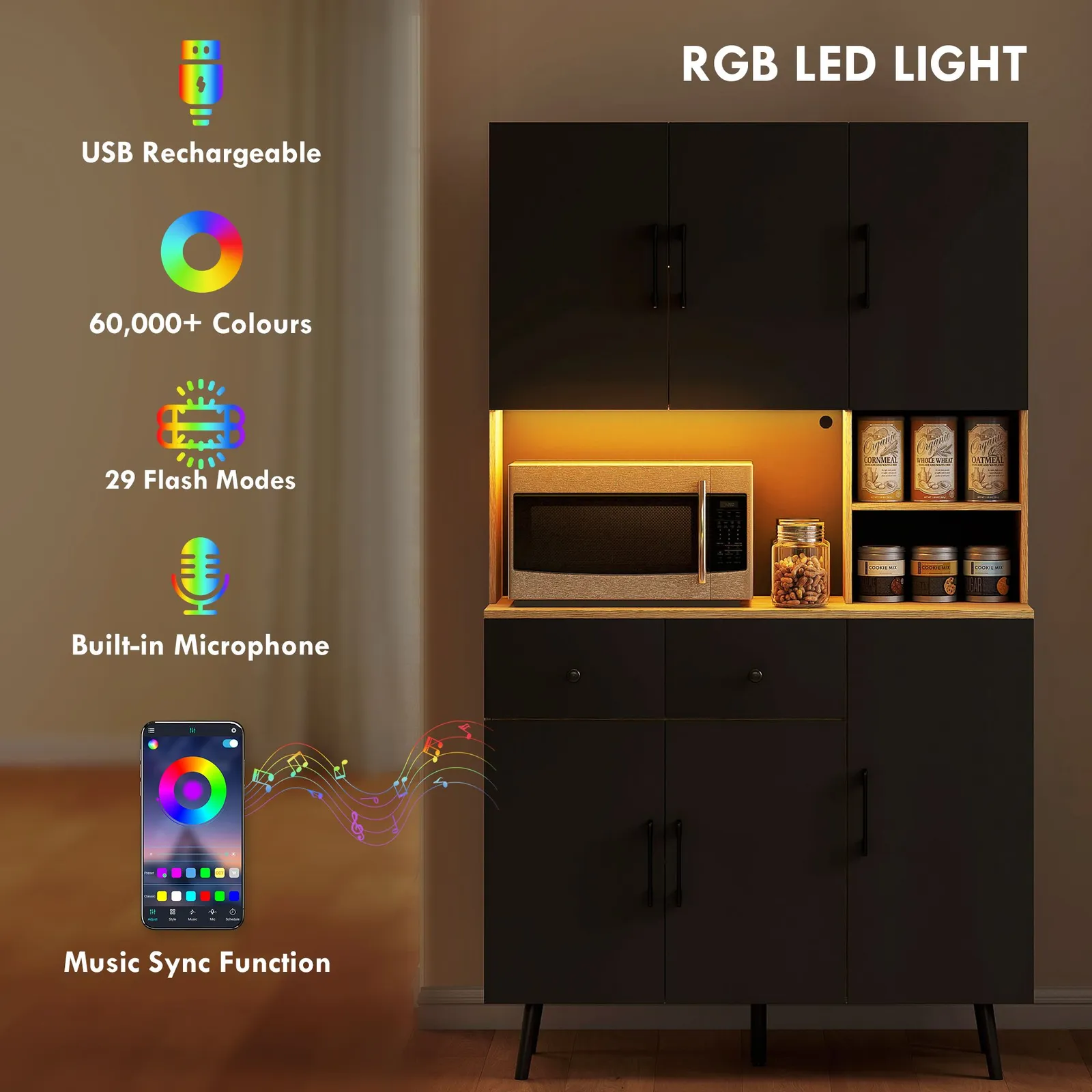 HOMCOM Tall Kitchen Cupboard with LED Lights & Adjustable Shelves, Oak in Black 4