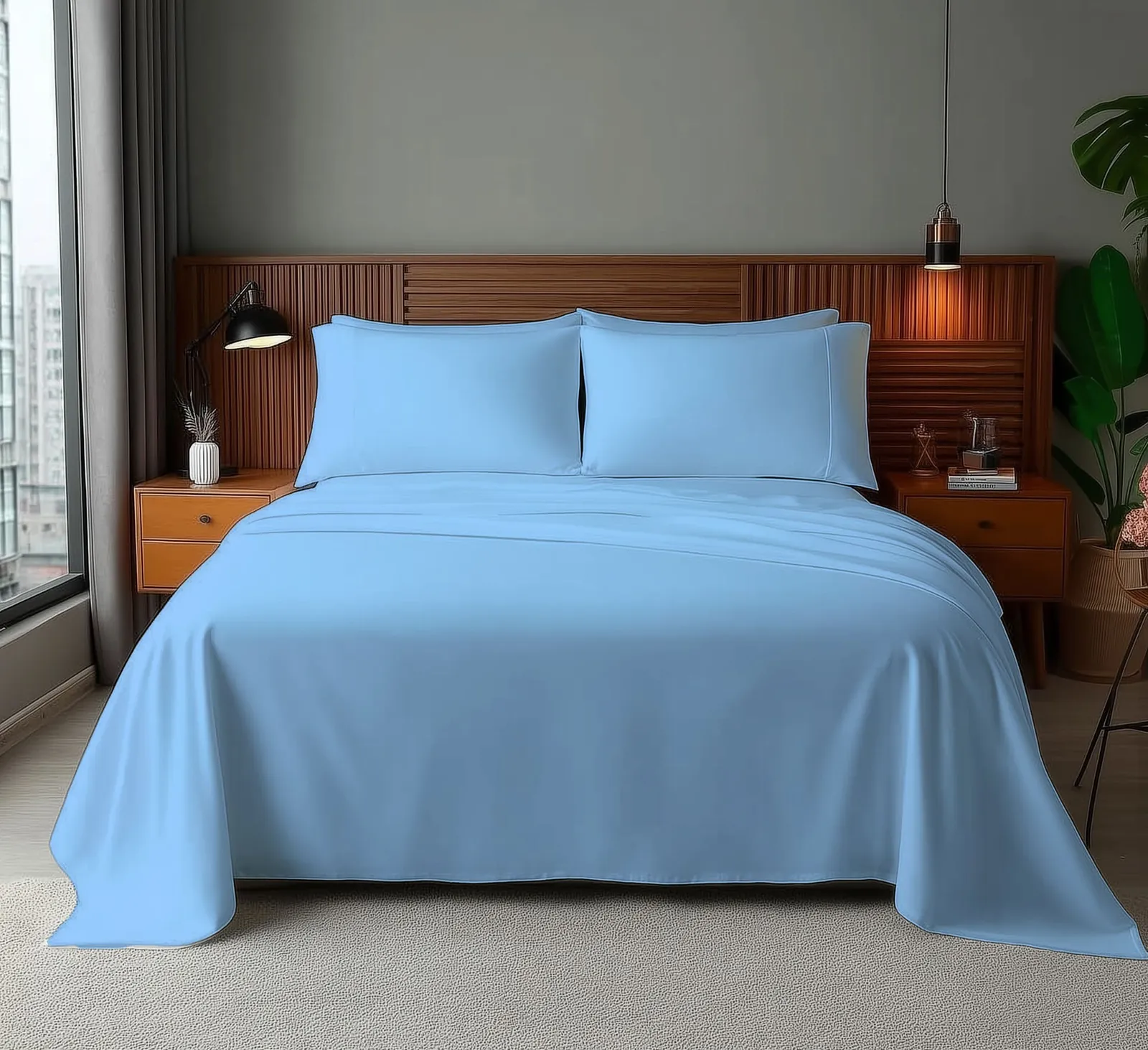 Snug City Microfibre Soft Touch Flat Sheet Plain Dyed Bed Linen in Light Blue