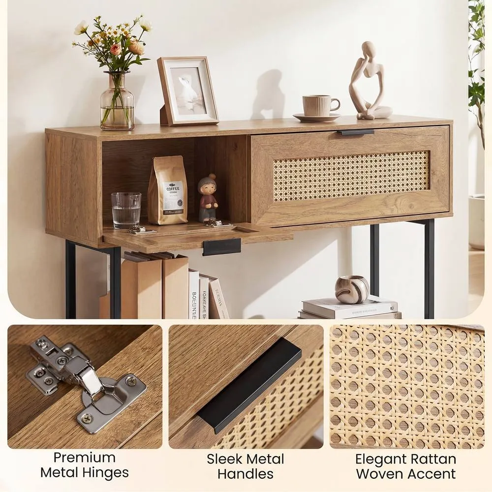 Costway Rattan Console Table Boho Entryway Table w/ Flip Doors & Open Shelf in Natural 4