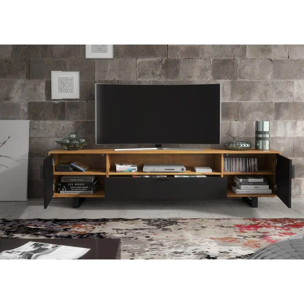 Creative Furniture Blackridge TV Unit 200cm - Dark Oak with Black Fluted Doors & Drawer in Dark Brown 5
