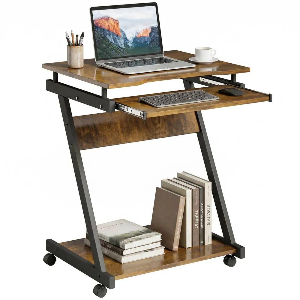HOMCOM Movable Computer Desk with 4 Moving Wheels Rustic Brown 2