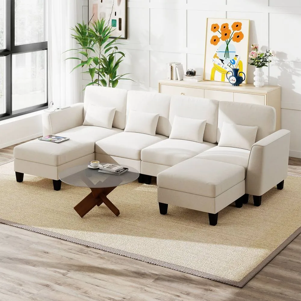 Costway Sectional Sofa with 2 Ottomans 4 Seat Sofa Set with Double Chaise in White 4