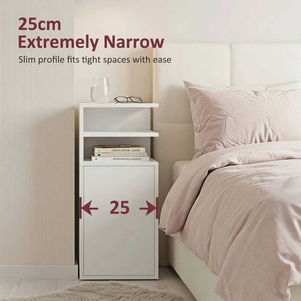 HOMCOM Slim Bedside Table Set of 2 with Open Cubbies & Cupboard in White 4