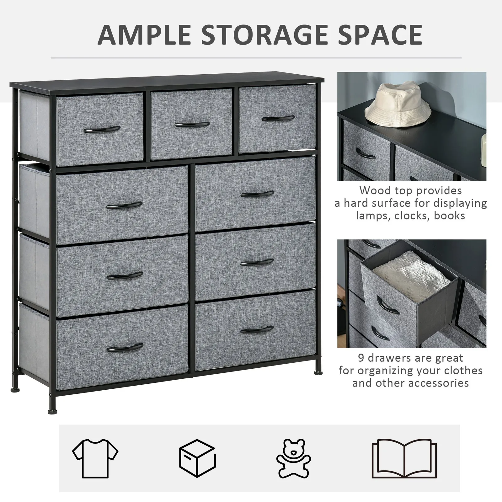 HOMCOM 9 Drawers Storage Chest Dresser Storage Organizer Unit in Black 4