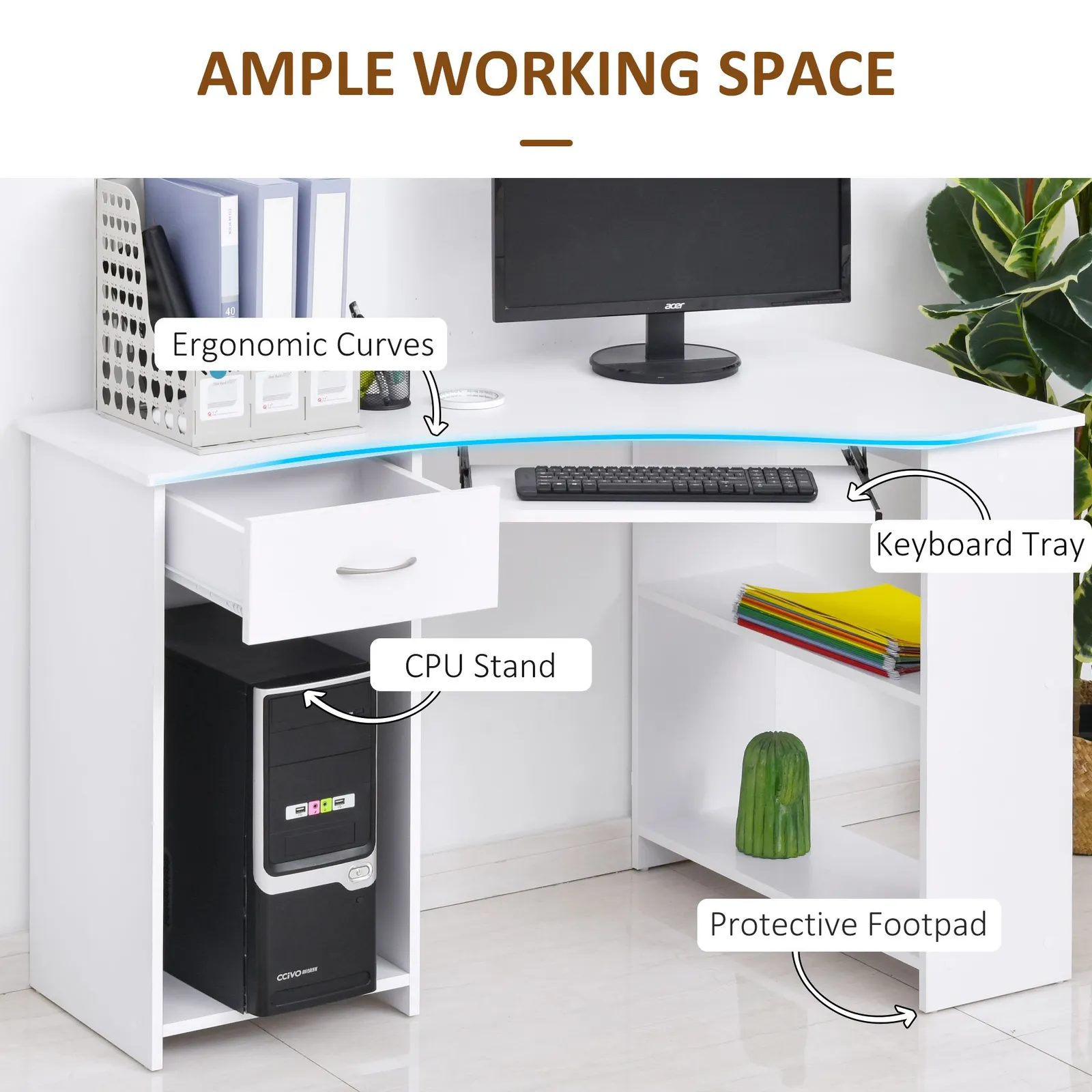 HOMCOM L-Shaped Corner Computer Desk w/ 2 Shelves Worktop Keyboard Tray in White 5
