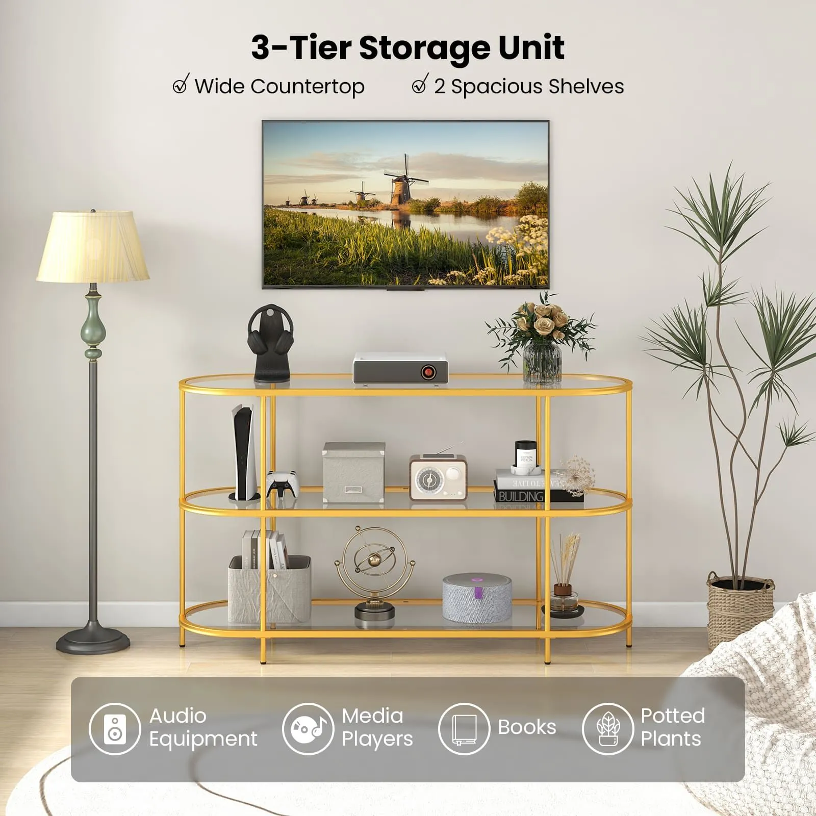 Costway 3-Tier TV Stand for TVs up to 65" 140cm TV Console Table in Gold 5