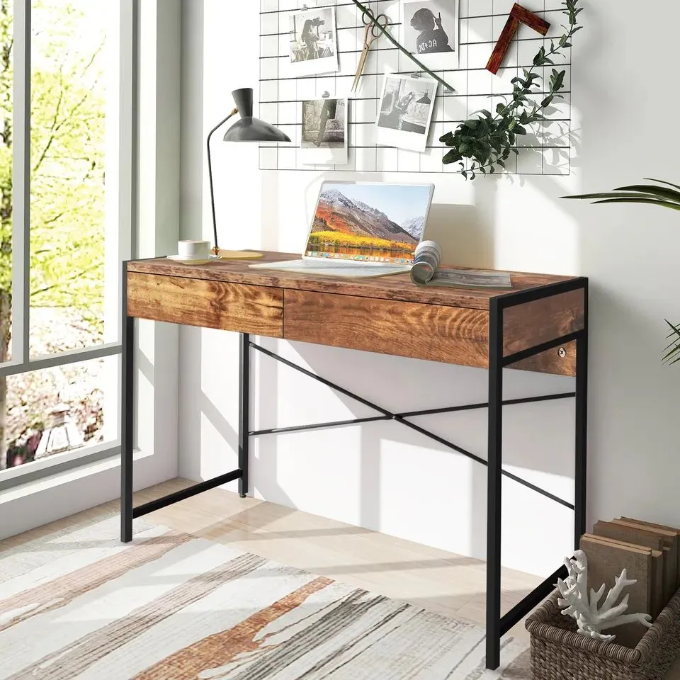 Costway Computer Desk Wooden PC Laptop Table Writing Workstation with 2 Drawers in Brown 3
