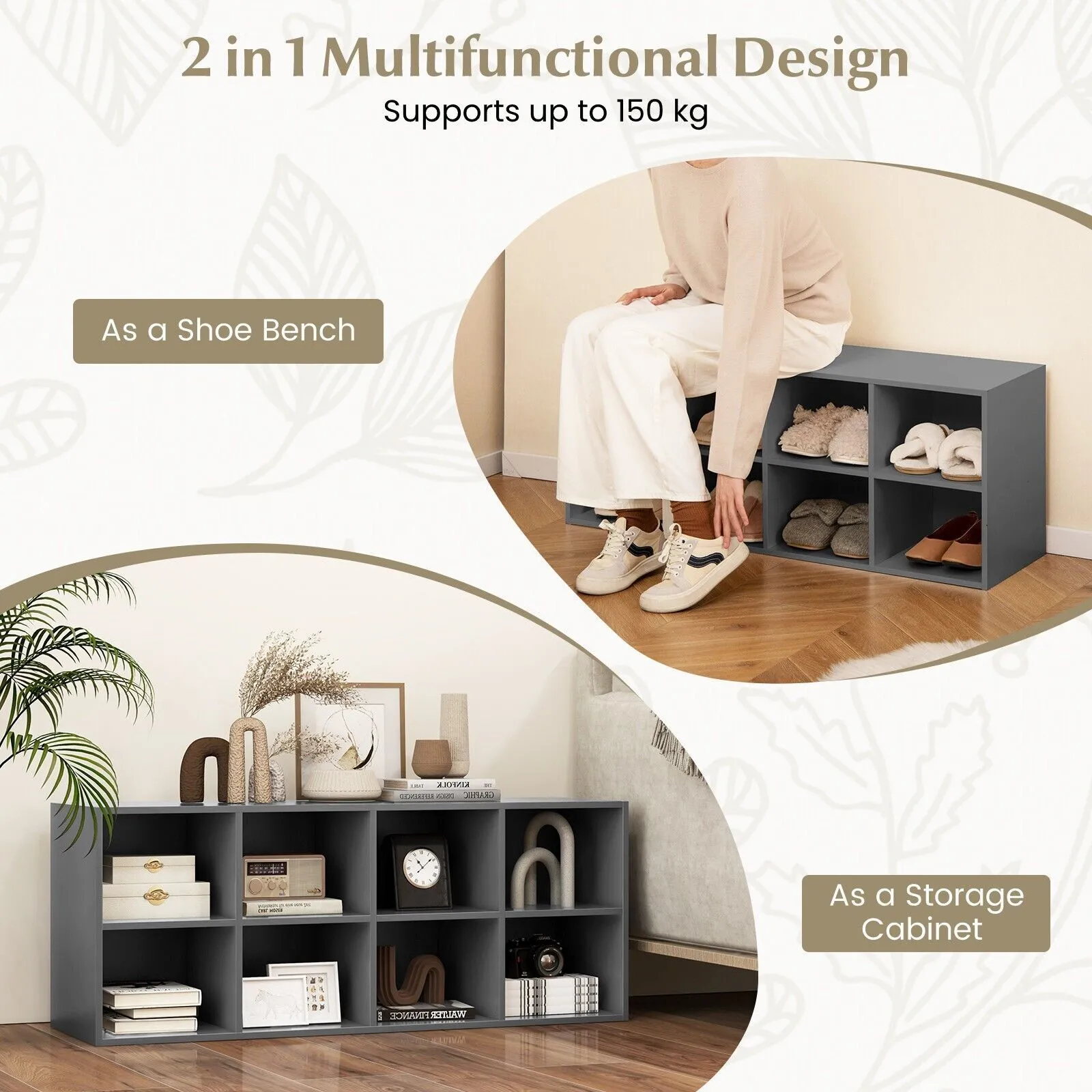Costway 8-Cube Shoe Bench Entryway Shoe Rack Cabinet W/ 8 Storage Cubbies in Grey 5
