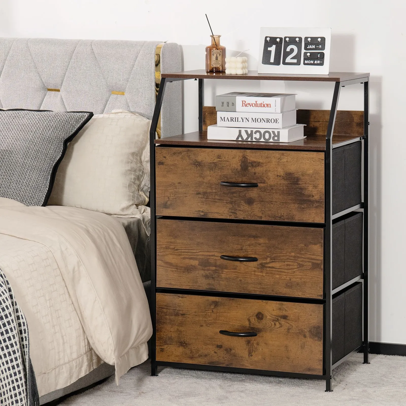 Costway 3 Drawer Dresser with with Top Shelf Foldable Drawer Chest Cabinet in Brown 3