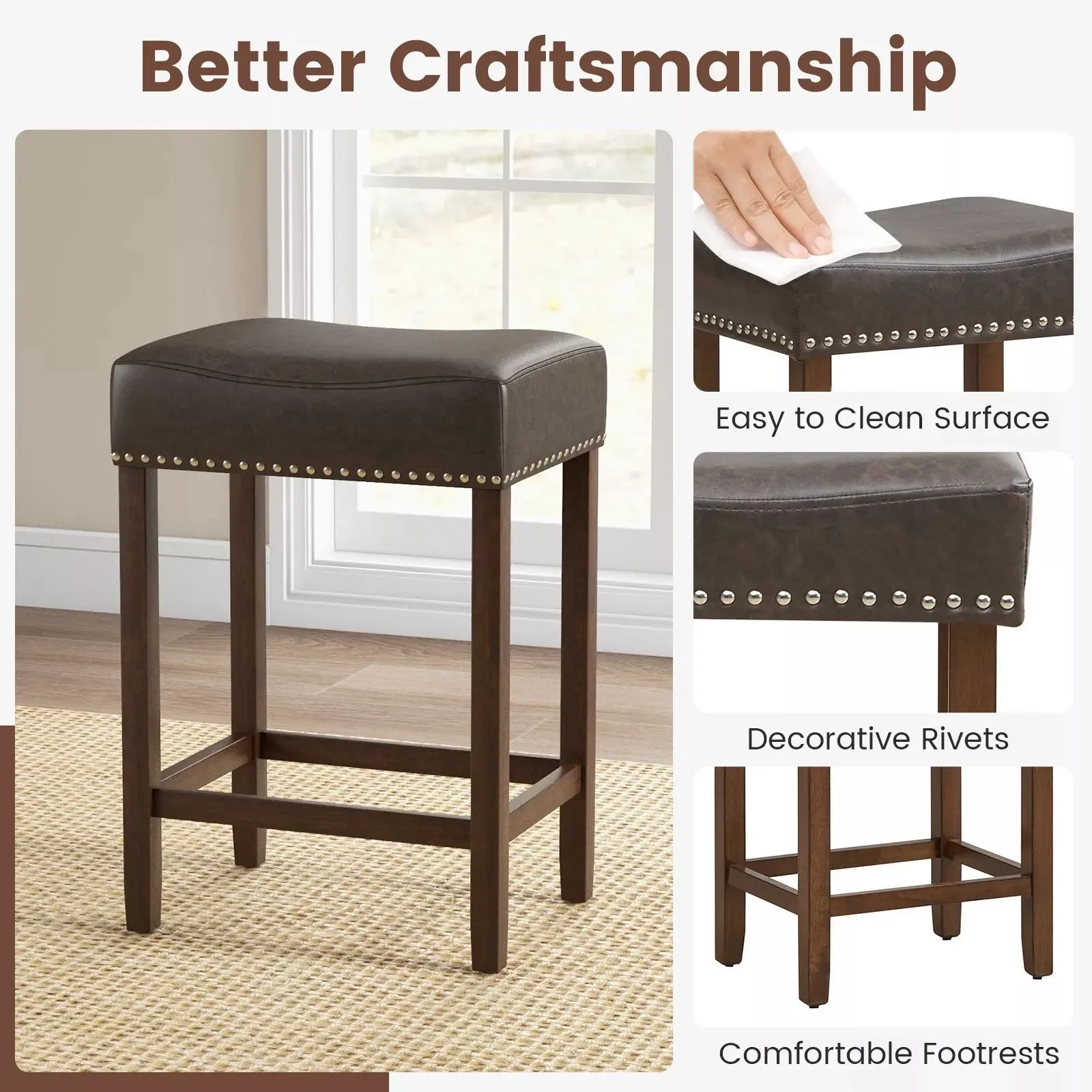 Costway Set of 2 Bar Stools Upholstered Counter Height Saddle Stools PU Leather 60cm in Grey 4