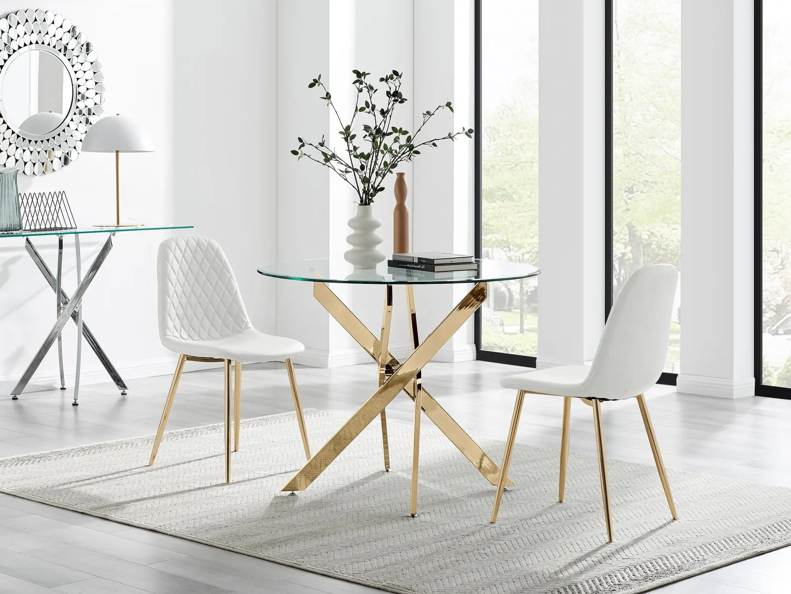 FurnitureboxUK Novara 100cm Round Gold Leg Dining Table & 2 Corona Gold Chairs in White