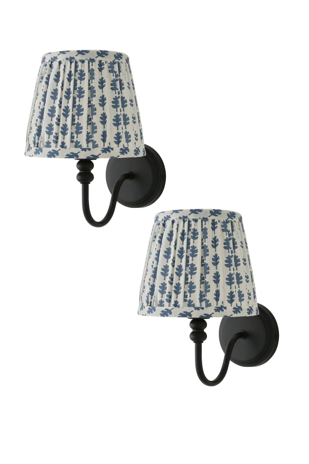 ValueLights Binky Pair of Rechargeable Black Wall Lights & Floral Pleated Shades in Mid Blue