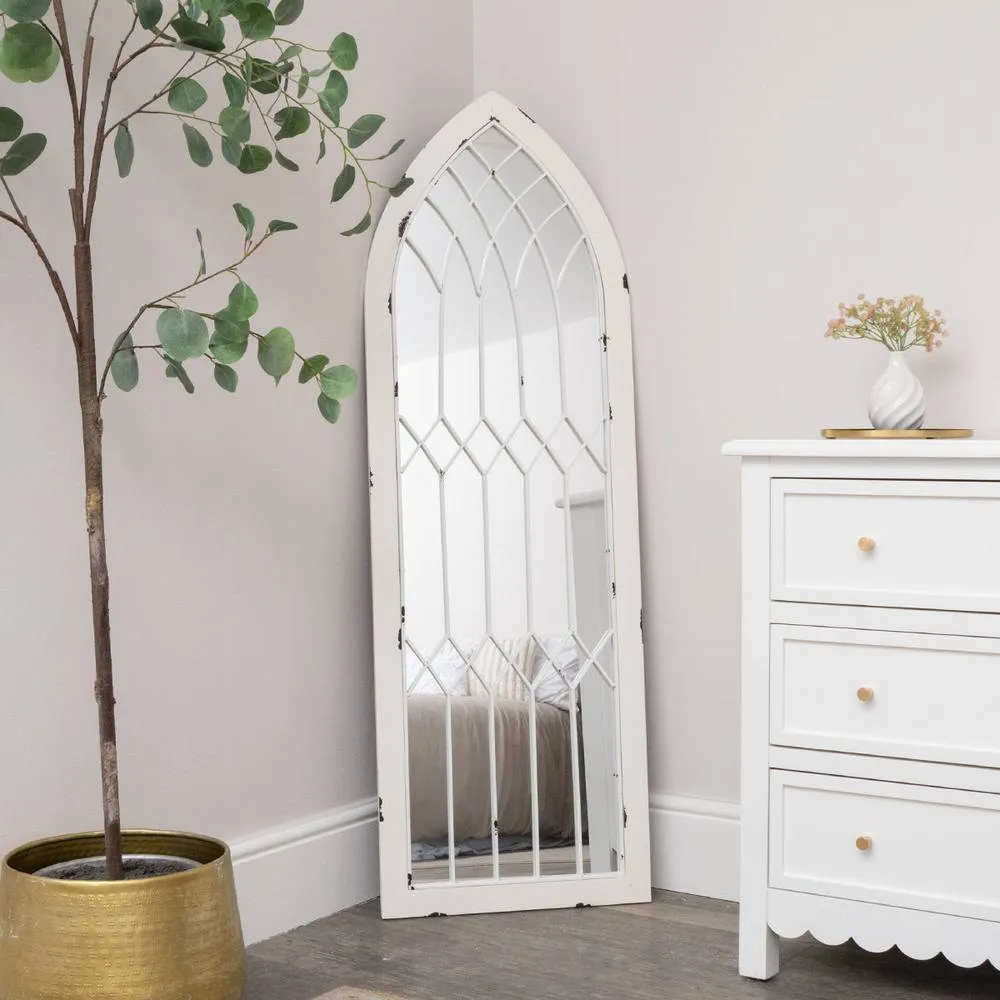 Melody Maison Arched White Distressed Chapel Fretwork Garden Mirror - 47cm X 142cm 5