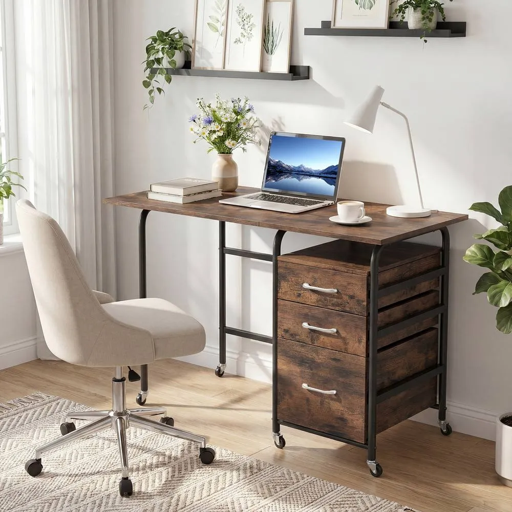 Costway Folding Desk with 3 Drawers Convertible Computer Desk in Brown 4