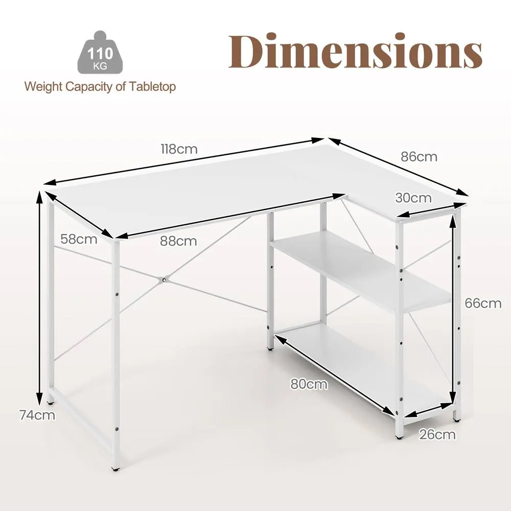 Costway L-shaped Computer Desk Reversible Corner Desk w/Adjustable Shelf-White in White 4