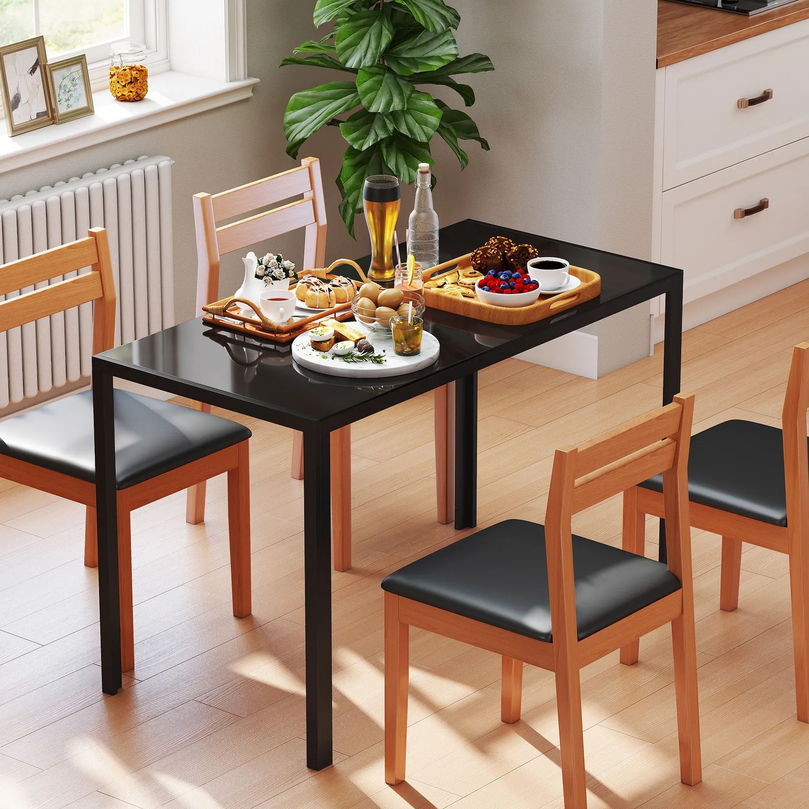 HOMCOM Modern Rectangular 4 Seater Dining Table with Tempered Glass Top in Black