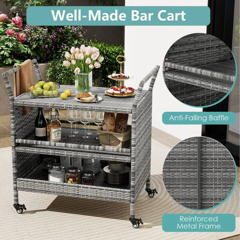 Costway Outdoor Bar Cart 3-Tier Patio Rattan Storage Wheels in Grey 5