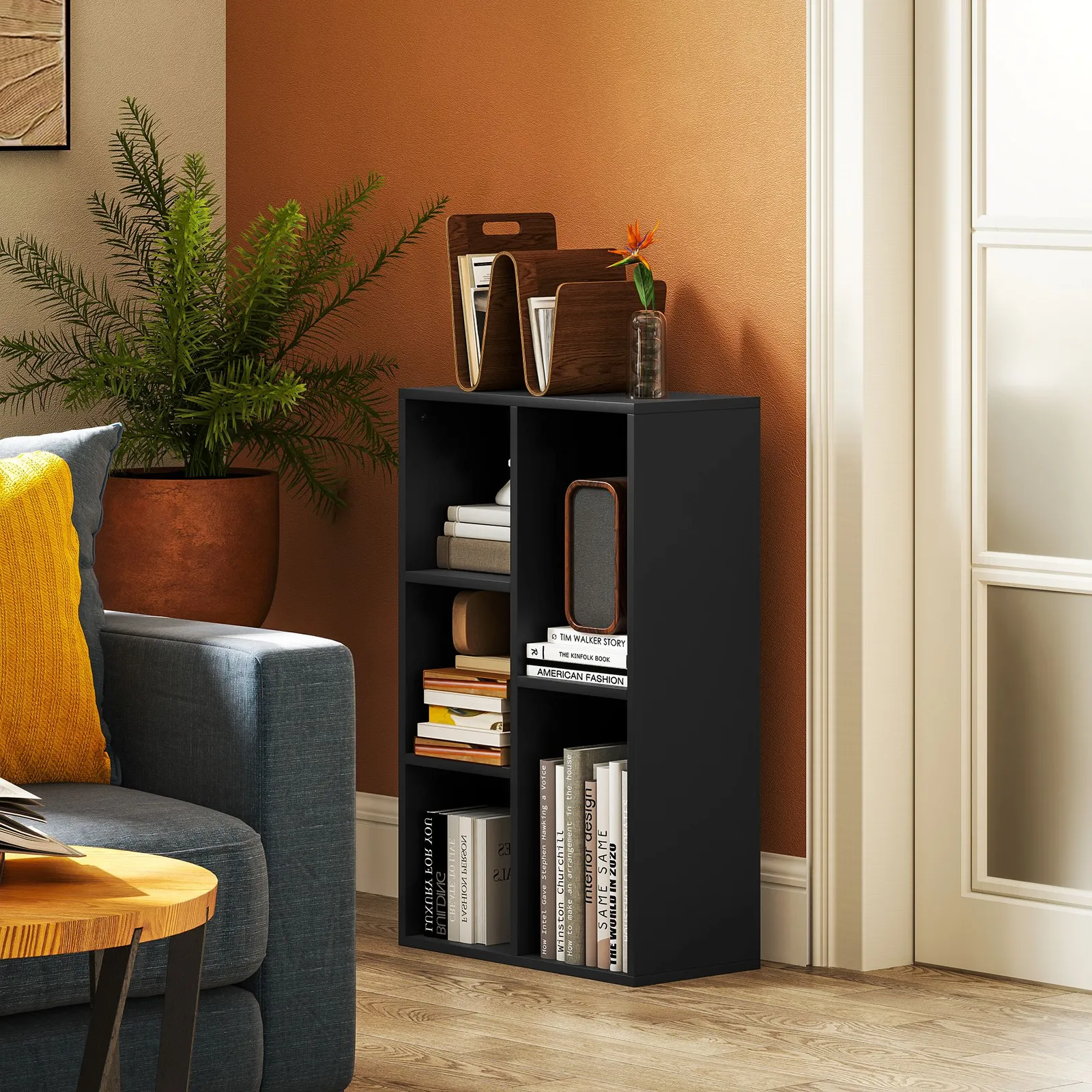 HOMCOM 2-Tier Bookshelf with 5 Open Storage Compartments in Black