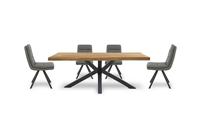 Njord 160cm Compact Raw Edge Dining Table with Metal Star Base and 4 Grey Faux Leather Swivel Chairs