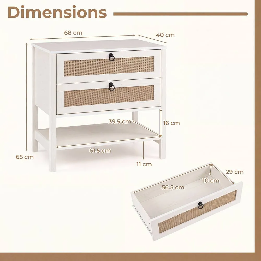Costway Rattan Bedside Table with 2 Drawers 68cm Wide Boho Nightstand Oak Effect in White 2