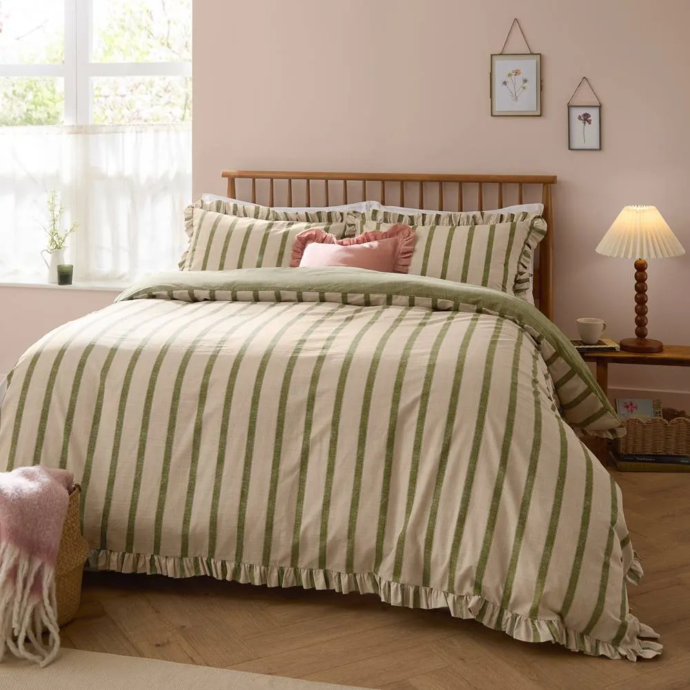 Wylder Connie Striped Ruffle Duvet Cover Set in Olive 1