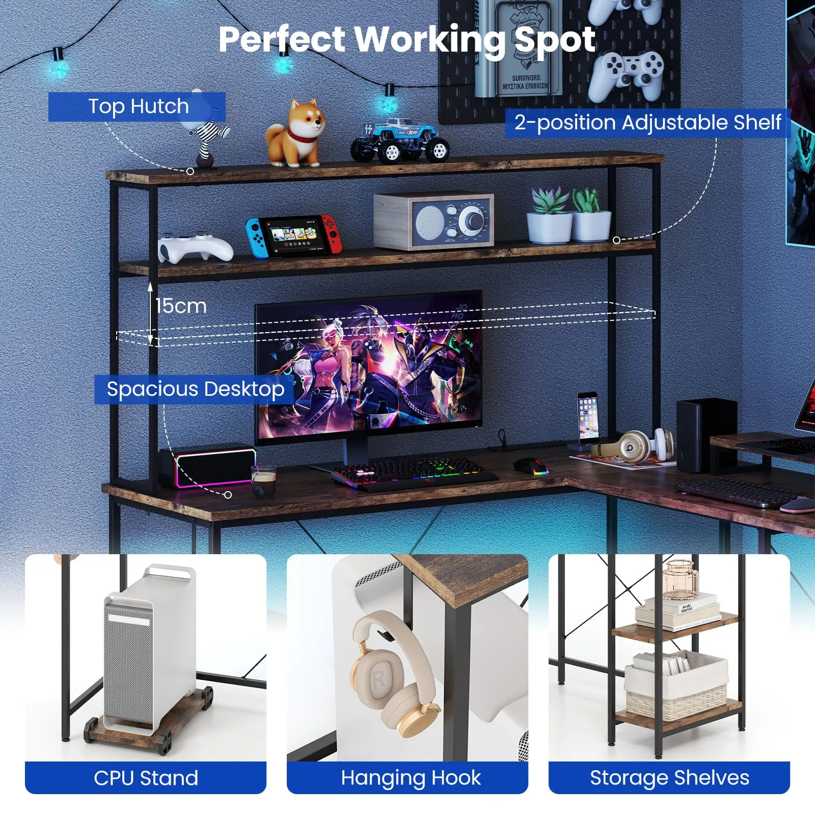 Costway L-Shaped Gaming Desk Reversible Corner Computer Desk w/LED Strip in Brown 5