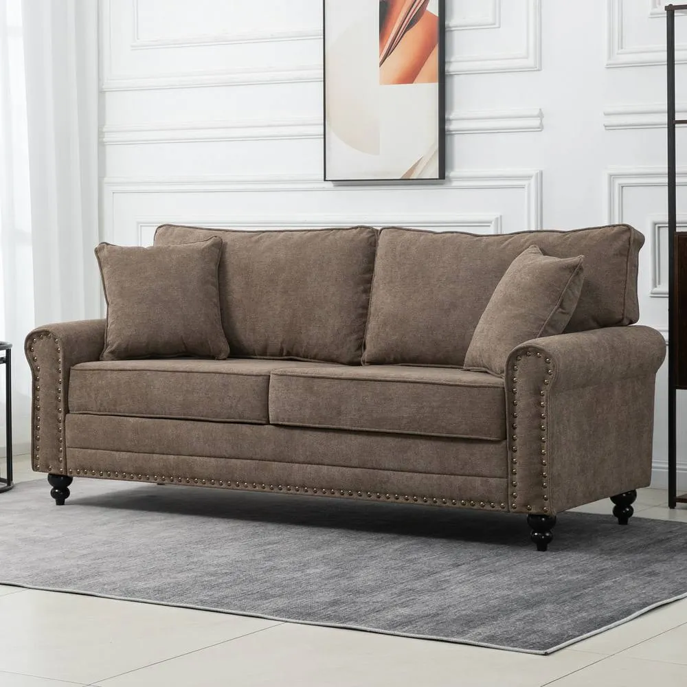 HOMCOM Fabric Sofa 3 Seater Sofa for Living Room w/ Throw Pillow Brown 2