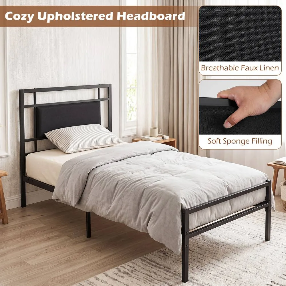Costway Single Bed Frame with Upholstered Headboard & Metal Slats in Black 6