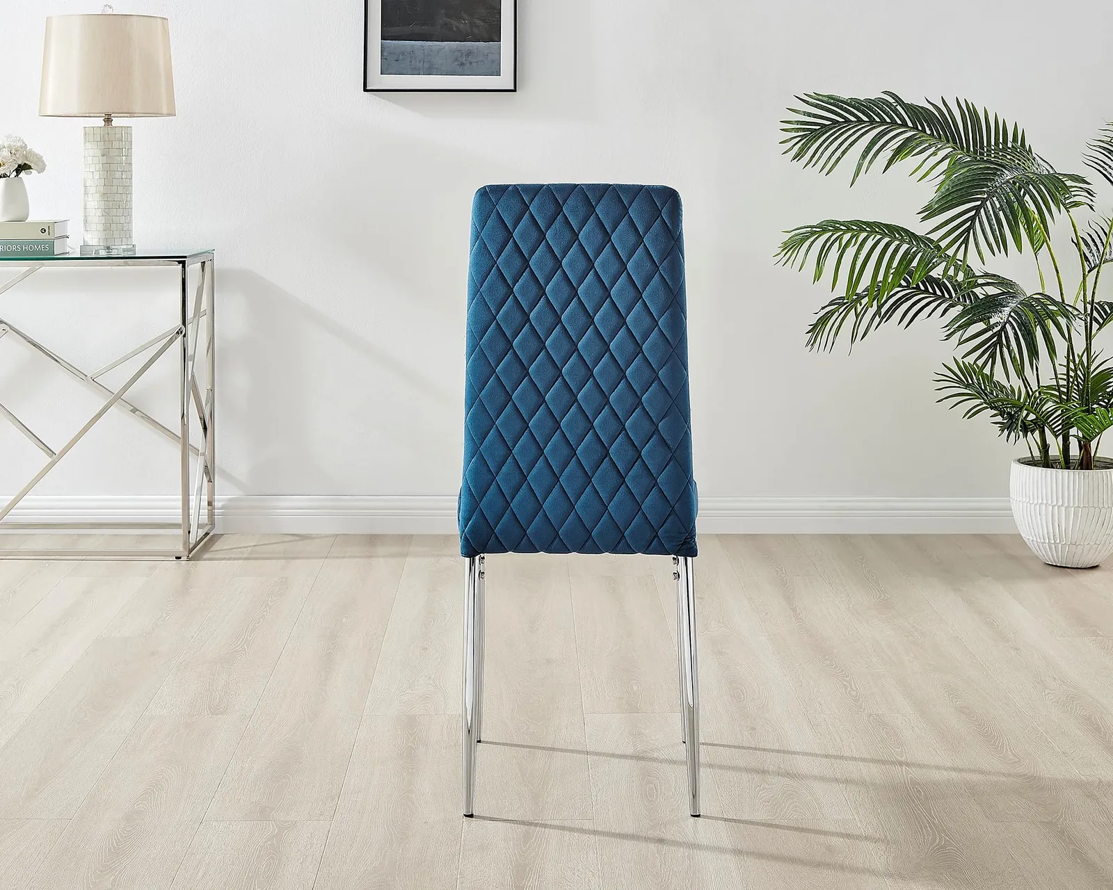 FurnitureboxUK Set of 4 Milan High Back Soft Touch Diamond Pattern Velvet Dining Chairs With Silver Chrome Metal Legs in Navy 6