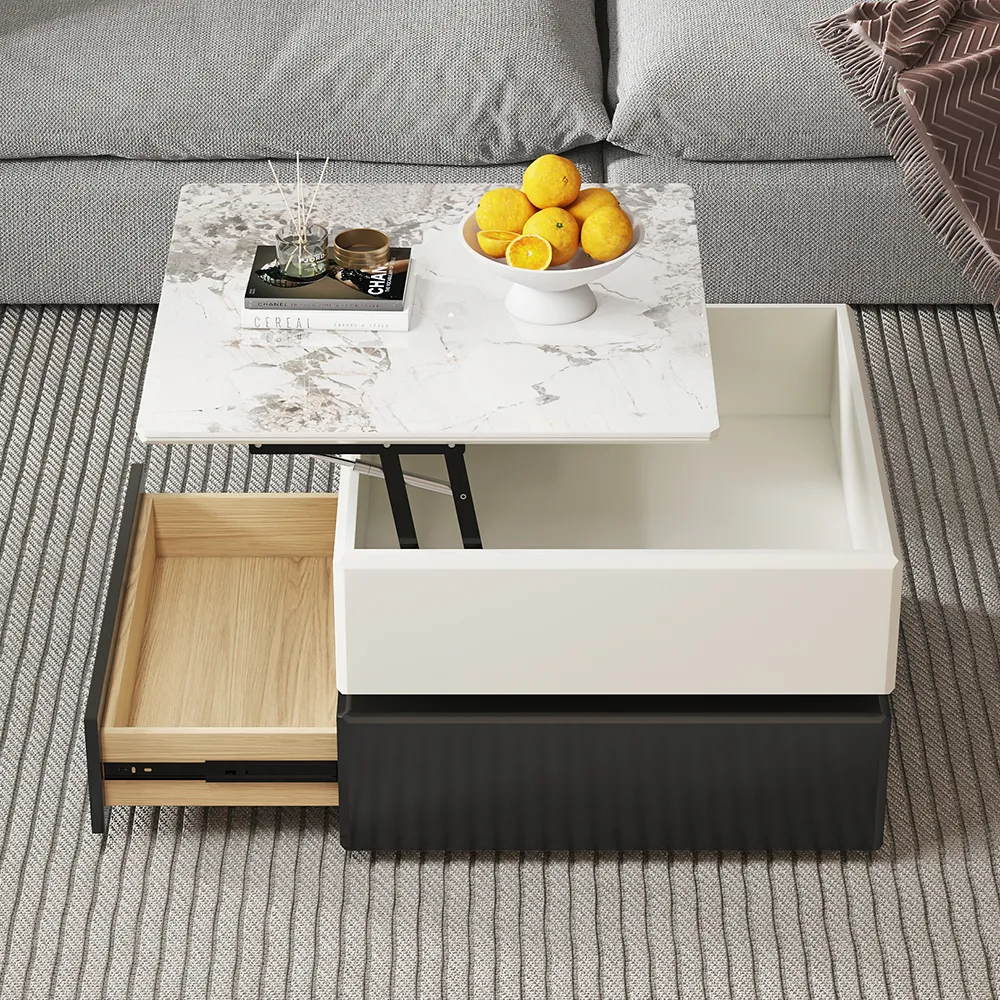 Modern Black & Khaki Lift Top Small Square  Sintered Stone Rotating Coffee Table with Storage