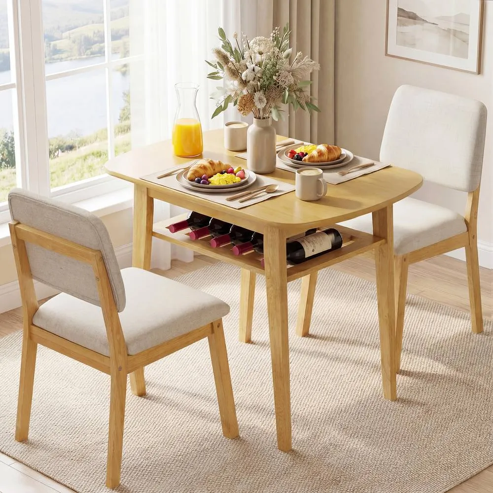 Costway 3-Piece Dining Table Set Solid Wood Kitchen Table with Storage Rack in Khaki 3