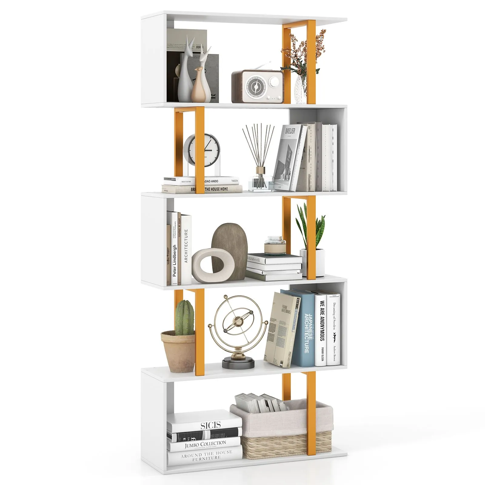 Costway 5-Tier Geometric Bookcase 157CM S-Shaped Bookshelf in White 4