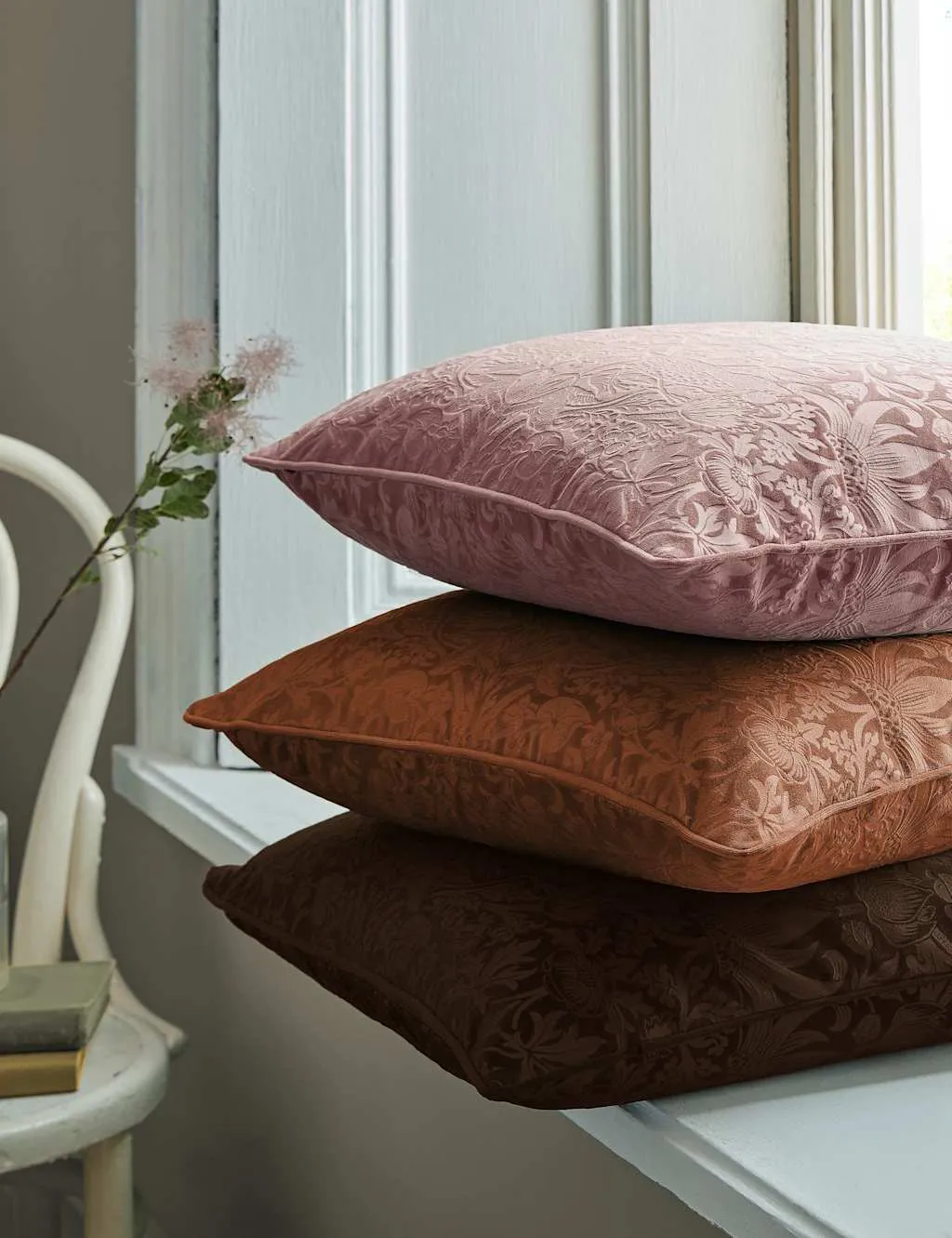 William Morris At Home Velvet Strawberry Thief Cushion Light Pink