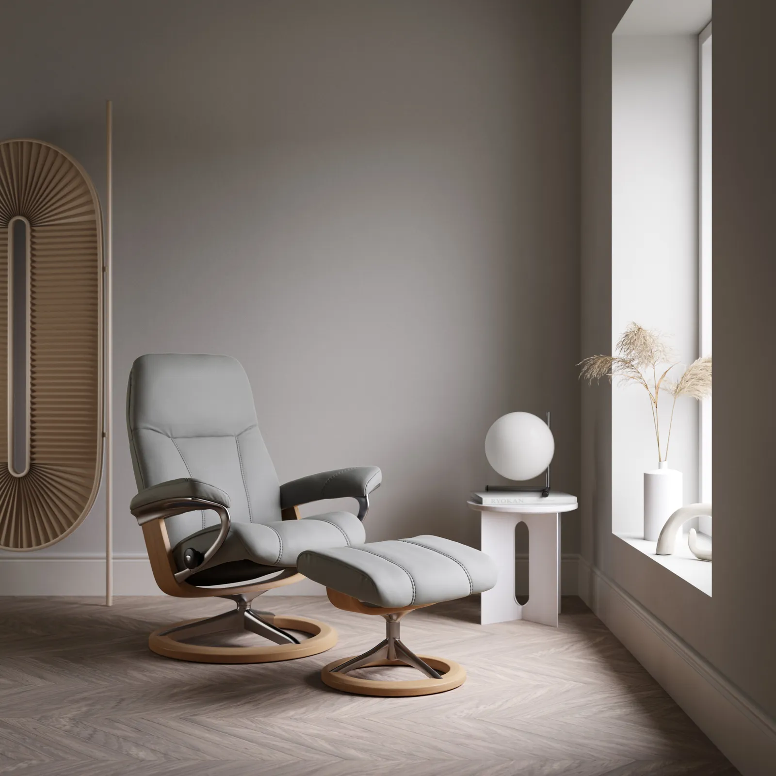 Stressless Consul Large Recliner Chair & Stool, Grey Leather | Barker & Stonehouse 2