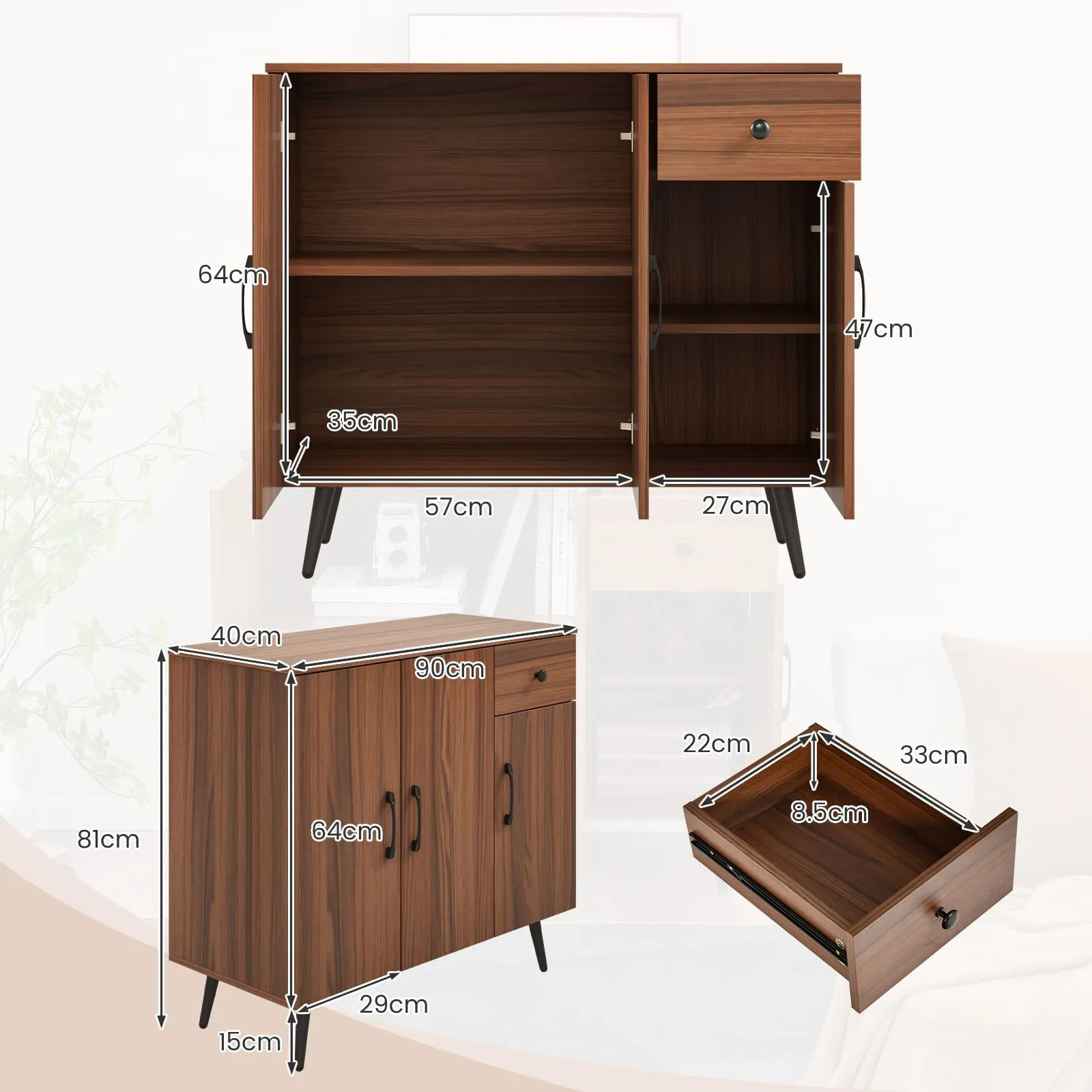 Costway Buffet Cabinet Kitchen Modern Storage Cabinet w/Pull-out Drawer in Walnut 2