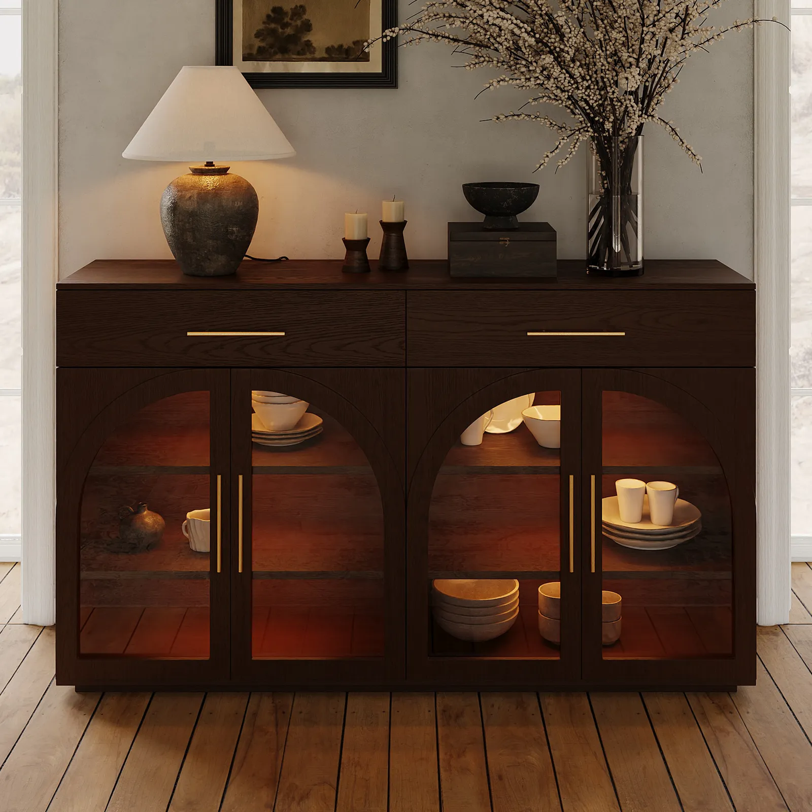160 cm Arune Modern Sideboard Wooden Buffet with Storage & Light