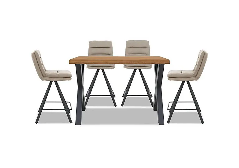Hades 140cm Straight Edge Table with X Shaped Legs and 4 Njord Sand Fabric Swivel Bar Stools