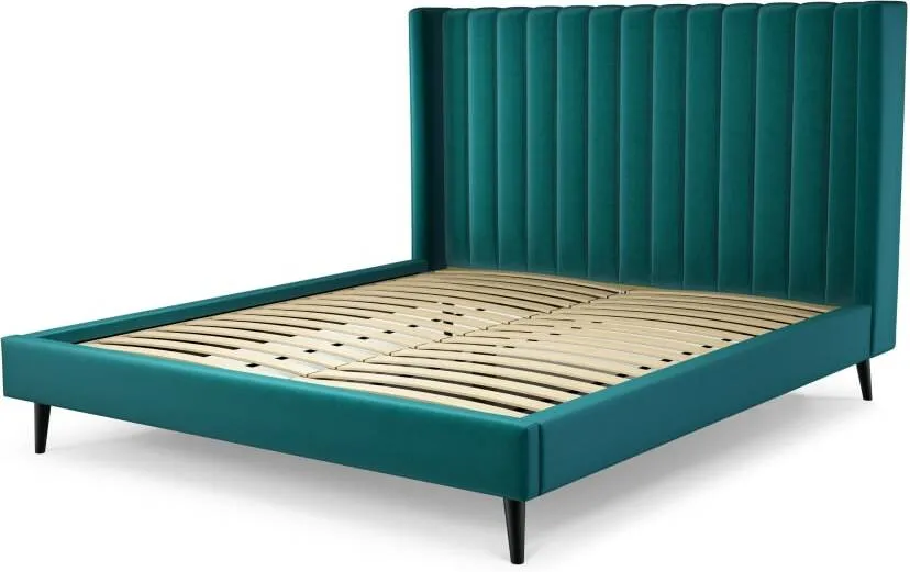 Cory Super King Size Bed, Tuscan Teal Velvet with Black Stain Oak Legs