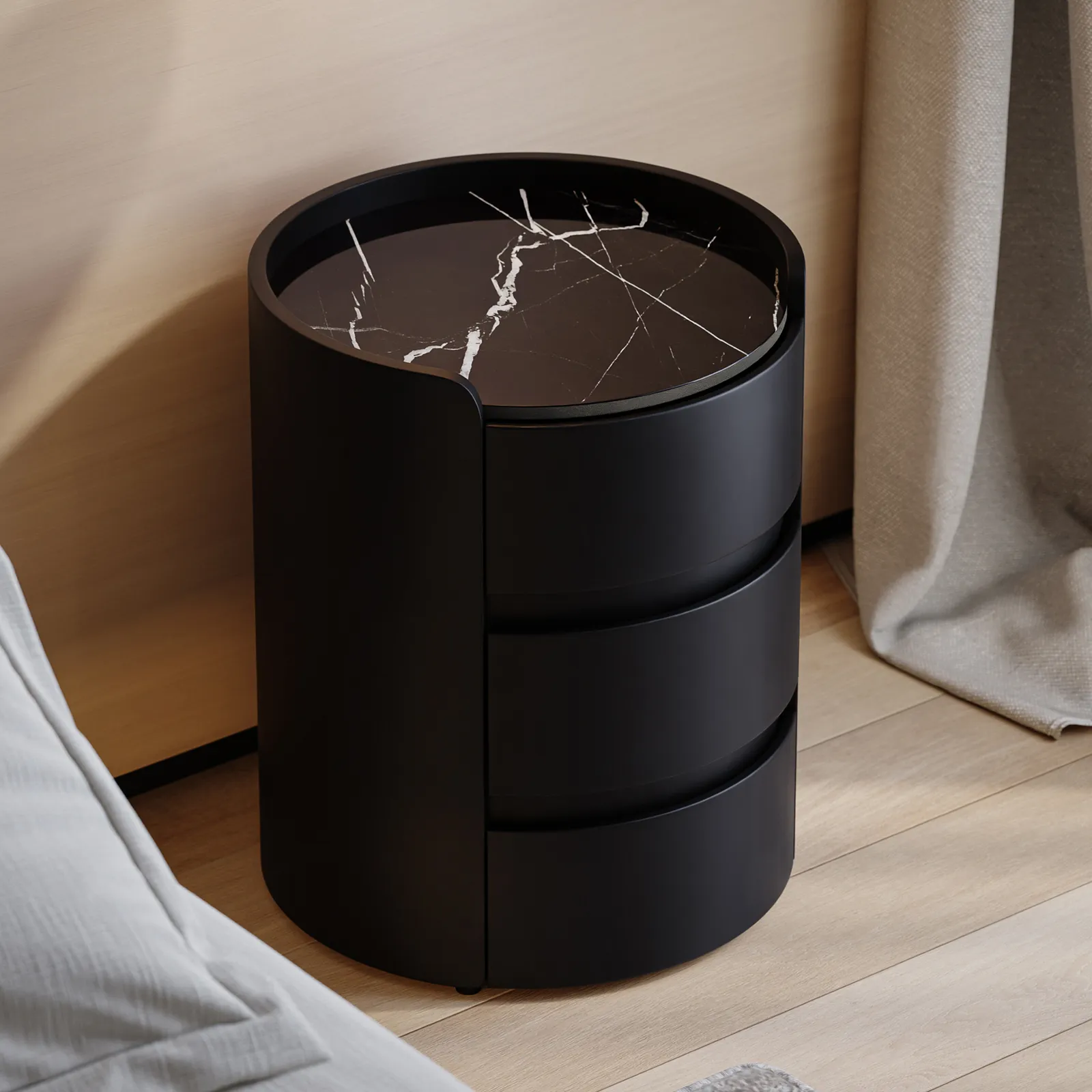 Modern bedside table with 3-drawers and 40 cm wide bedside cabinet in white, marble and leather design
