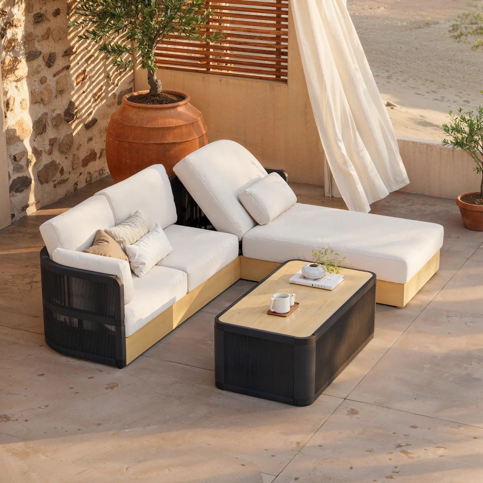 Black Woven Outdoor Sectional Sofa Set with Adjustable Reclining Chaise and Coffee Table 4-Piece Patio Set