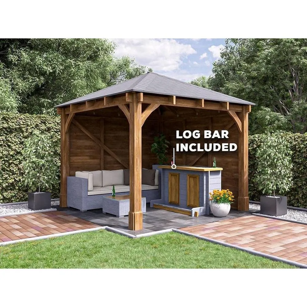 Dunster House Garden Bar Gazebo Heavy Duty with Log Bar 3m x 3m - Leviathan in Brown 4
