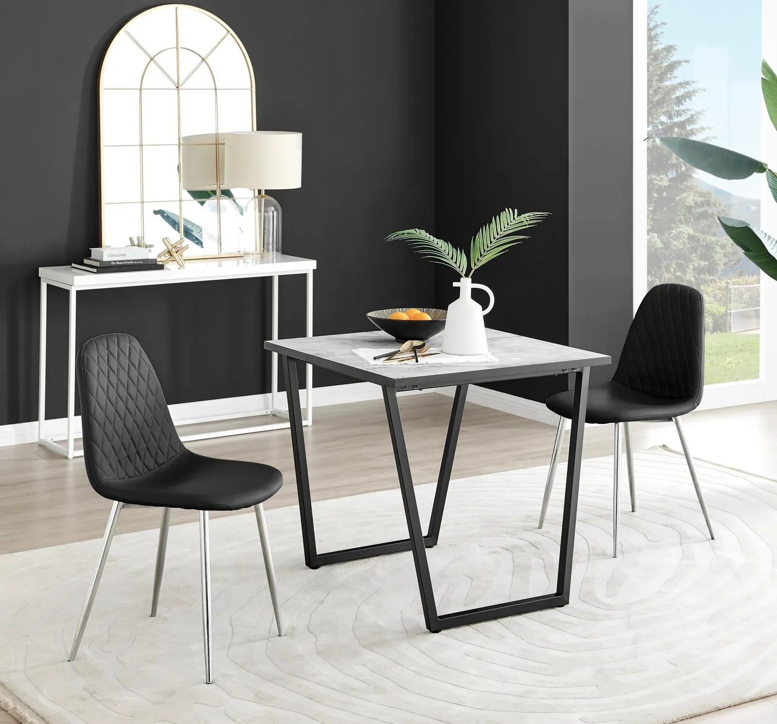 FurnitureboxUK Carson White Marble Effect Square Dining Table & 2 Faux Leather Corona Silver Chairs in Black 1