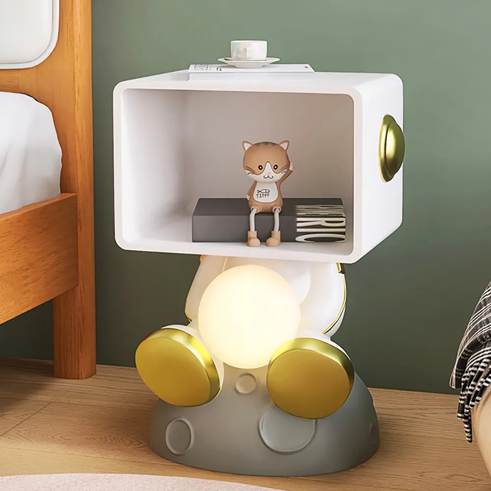 Modern White & Gold Bedroom Bedside Table with Light & Open Storage Astronaut Dimmable Bedside Table