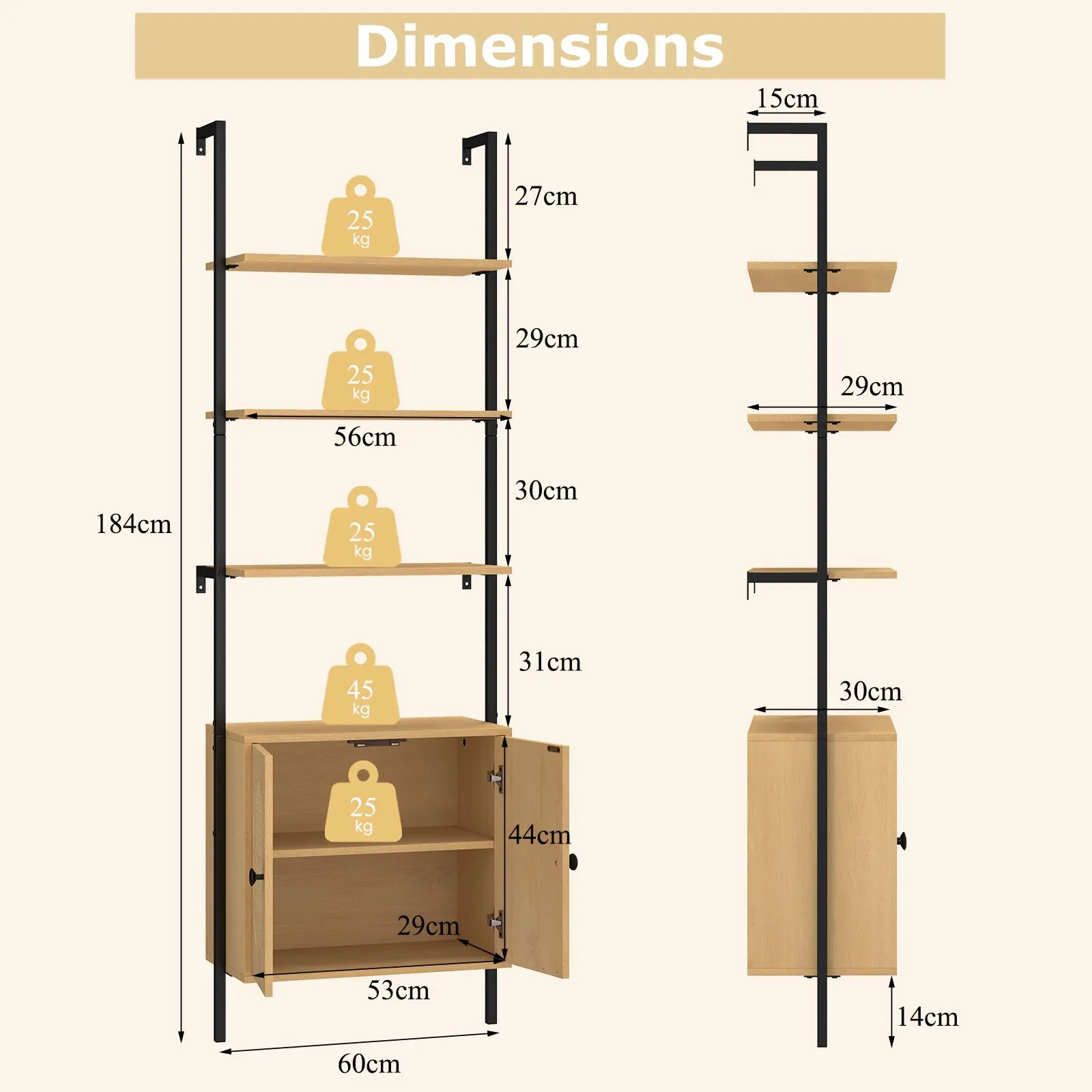 Costway Wall Mount Bookshelf Storage Shelves 6-tier tall display rack w/ Cabinet in Natural 2