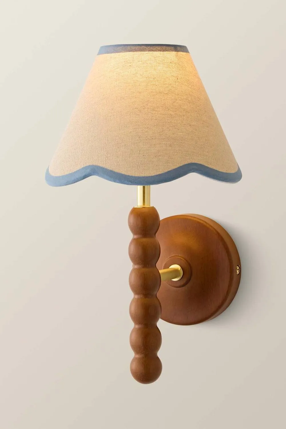 ValueLights Bobbins Walnut Bobble Wall Light & Linen Trim Lamp Shade in Baby Blue 3