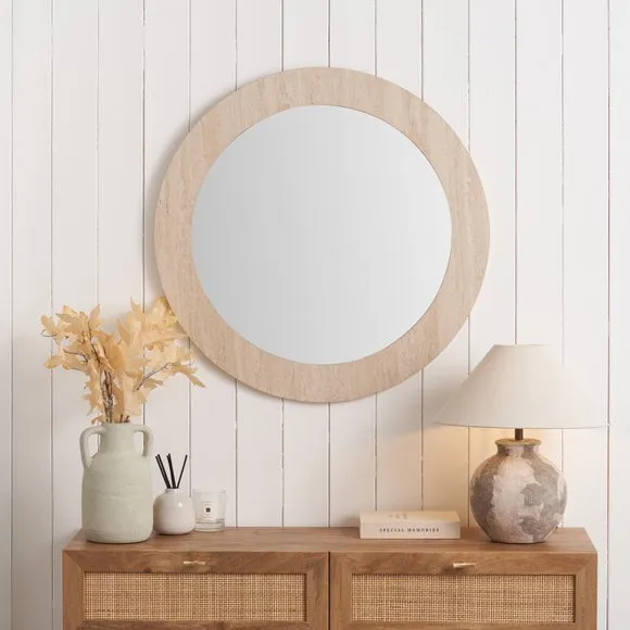 Travertine Effect Veneer Round Wall Mirror