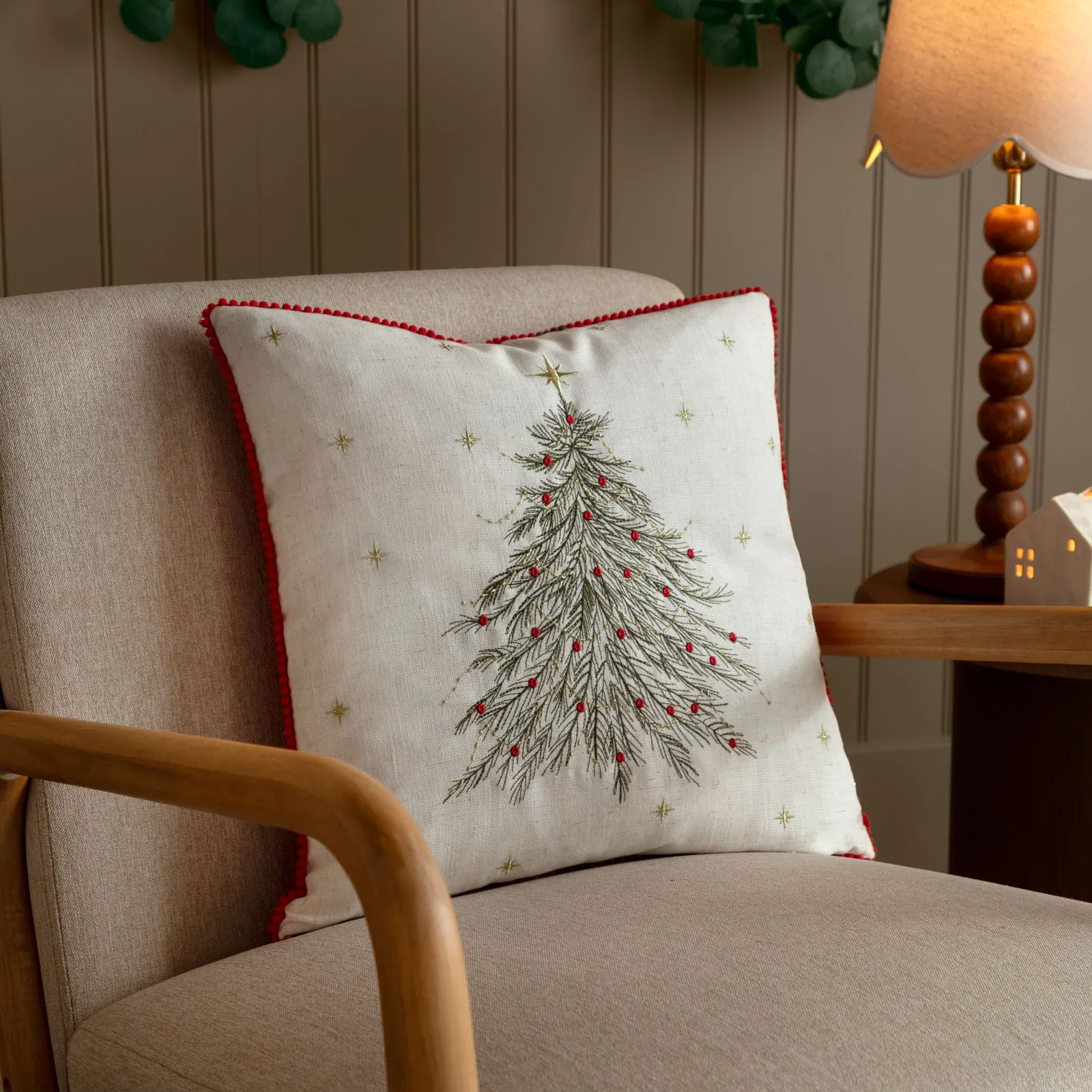 Wylder Twinkling Tree Embroidered Christmas Cushion in White