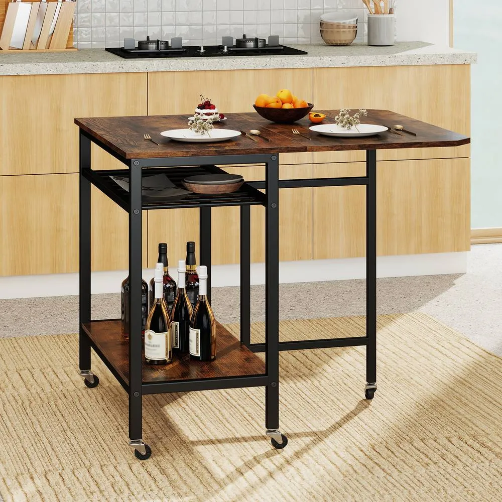 Costway Folding Dining Table Movable Kitchen Table with Wine Rack in Brown 3